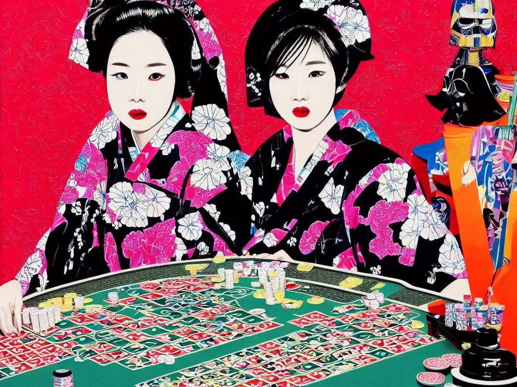 Image similar to hyperrealism composition of the detailed woman in a japanese kimono sitting at an extremely detailed poker table with darth vader, fireworks on the background, pop - art style, jacky tsai style, andy warhol style, acrylic on canvas