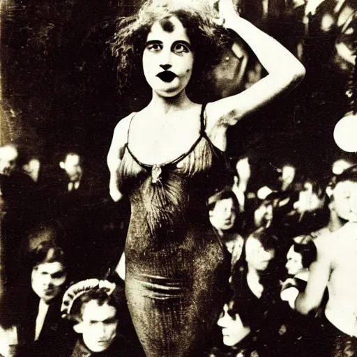 Image similar to mermaid on a circus, crowd shocked, 3 5 mm, 1 9 2 0, photograph