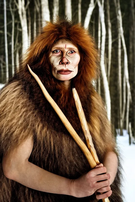 Image similar to a professional portrait photo of a neanderthal woman in the forest in winter holding a spear, dirt on face, black stripe painted side to side across her eyes, ginger hair and fur, extremely high fidelity, natural lighting, still from the movie clan of the cave bear