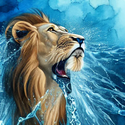 Image similar to a male lion's face breaching through a wall of water, water sprites, splashing, deep blue water color, highly detailed, realistic digital art