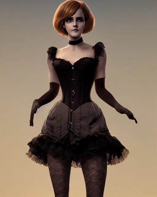 Image similar to full shot portrait painting of very beautiful emma watson standing as black violet maiden in stockings corset noir streets, character design by mark ryden and pixar and hayao miyazaki, unreal 5, daz, hyperrealistic, octane render, cosplay, rpg portrait, dynamic lighting, intricate detail, cinematic