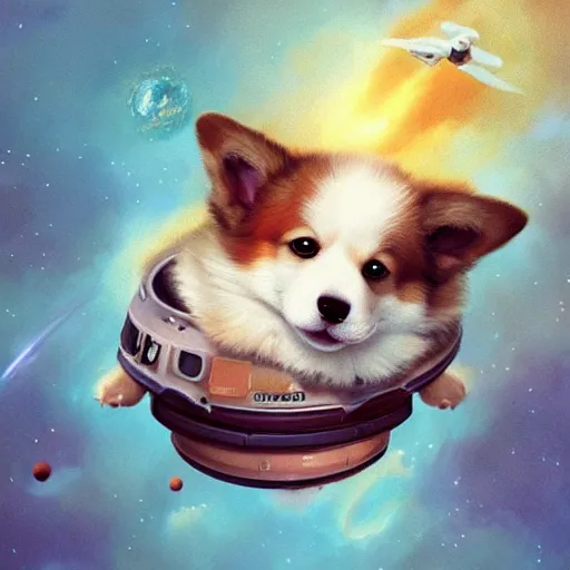 Prompt: cute corgi puppy floating in outer space, hyperrealistic, very lifelike, stunning, extremely detailed digital illustration by greg rutkowski, artgerm, moebius, ruan jia, makoto shinkai, simon stalenhag, trending on artstation, masterpiece, award - winning, 8 k