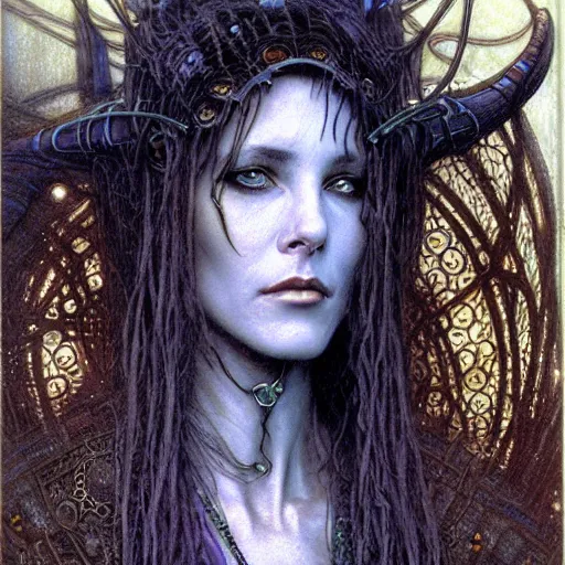 Prompt: a portrait of a resolved and smart female art nouveau cyberpunk shaman by john howe, ted nasmith and luis royo