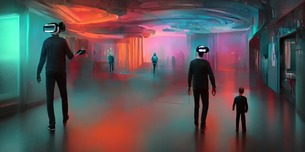 Image similar to a detailed hyper realistic photograph of a father and his son walking in a neon room with Virtual reality headsets experience digital wildlife, artstation, sophisticated, depth of field, Unreal engine, dystopia, anti-utopia, post processing, nostalgic melancholic artwork, intricate