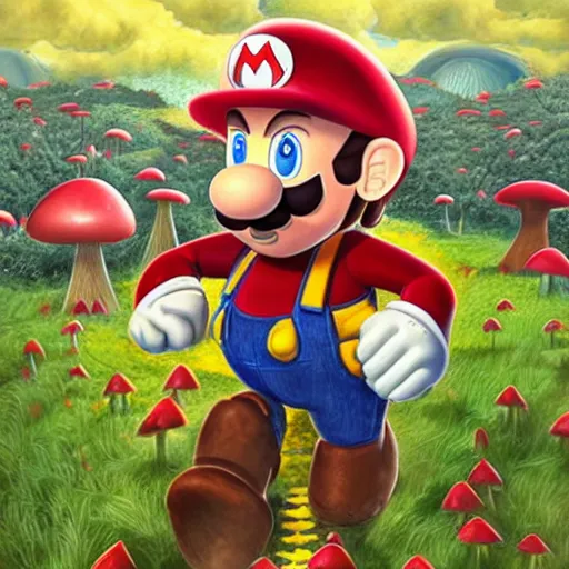 Prompt: a realistic portrait of chris pratt dressed as super mario running in a field of mushrooms by android jones