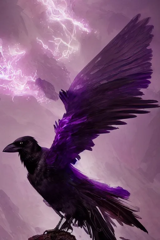 Image similar to portrait of a beautiful one raven perched on purple crystals that are glowing in a misty valley, establishing shot, extremly high detail, foto realistic, cinematic lighting, by yoshitaka amano, ruan jia, kentaro miura, artgerm, post processed, concept art, artstation, raphael lacoste, alex ross