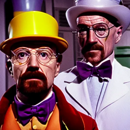 Image similar to Willy Wonka and Walter White in hazmat suits in the chocolate factory, photorealism, 8k