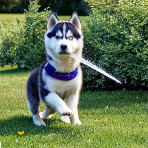 Prompt: a husky puppy playing in the sprinkler on the lawn