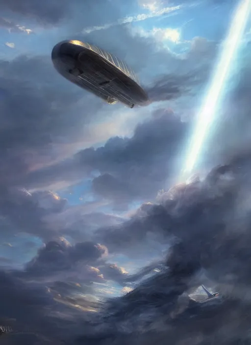 Image similar to airship flying through the clouds, volumetric light rays painted by raymond swanland