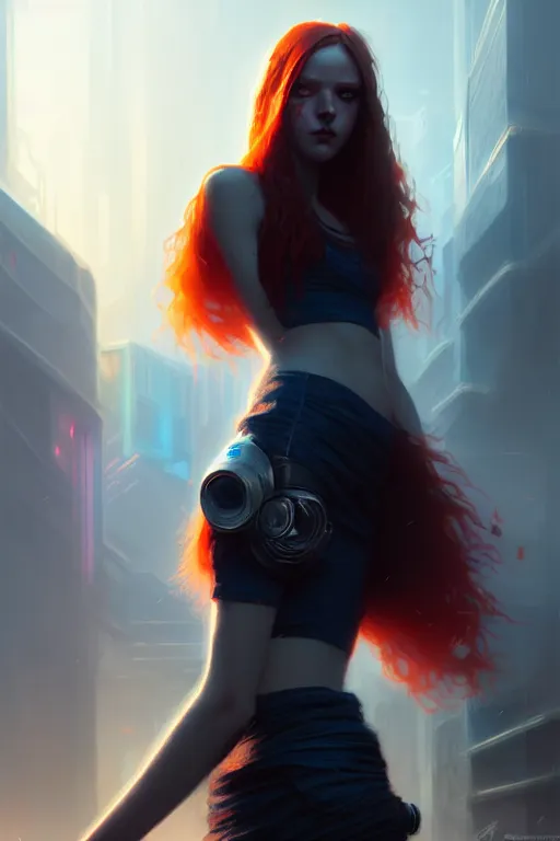 Prompt: a young tall, slender girl, with fiery red hair and bright blue eyes, hyperrealistic face, beautiful eyes, fantasy art, in the style of greg rutkowski, intricate, hyperdetalized, smooth, cyberpunk, tech