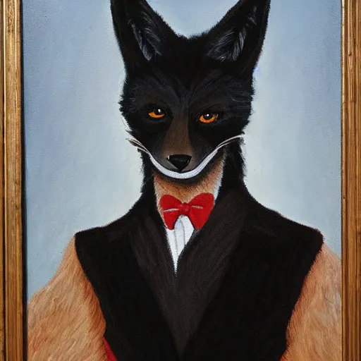 Prompt: portrait of a male anthro black fox furry fursona wearing a salsa dance suit, 1 9 7 0 s oil on canvas painting, by famous artist jylon denja