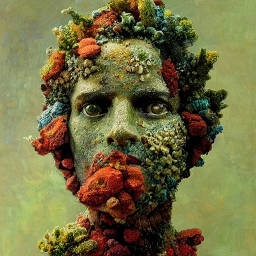 Image similar to a sculpture portrait made of moss and coral reefs and crystals and plants, painting part by wojciech siudmak, part by ilya repin, part by max ernst, part by norman rockwell, artstation