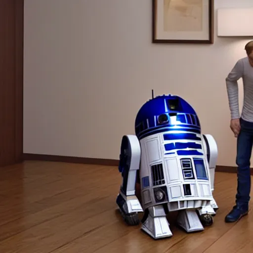 Image similar to eric and r 2 d 2 dancing in a hotel room, very realistic, detailed, octane render