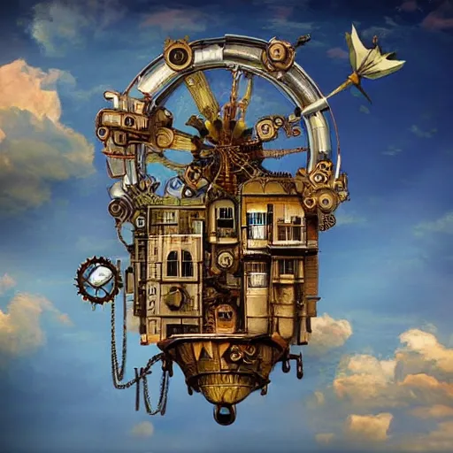 Prompt: flying! city in a mechanical flower, sky!, fantasy art, steampunk, masterpiece