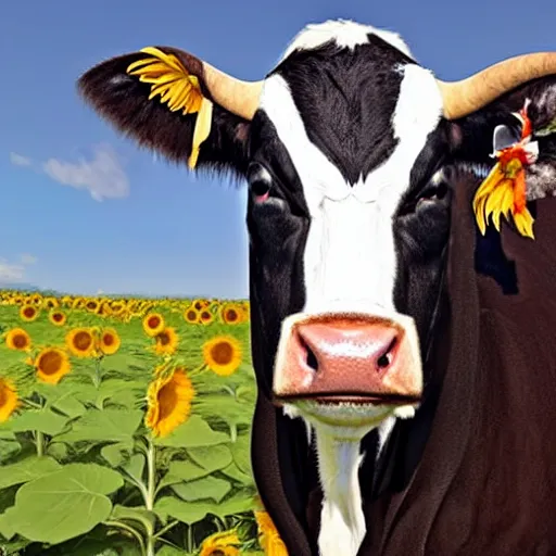 Image similar to a southern belle cow with a black and white bow on head, sunflower background, 4k, rustic colors, country style