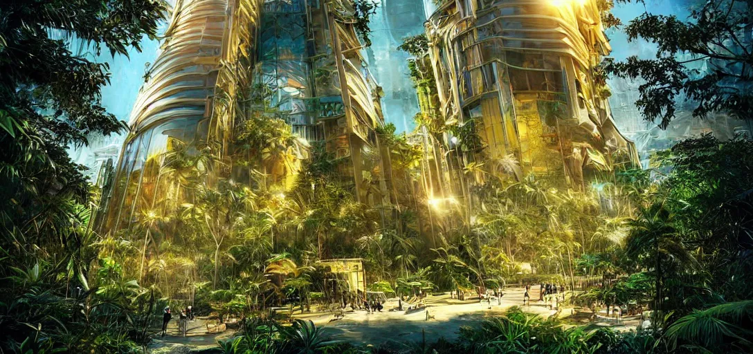 Image similar to futuristic shinny golden building in an jungle landscape of a biopunk city by artgerm, movie poster, film still