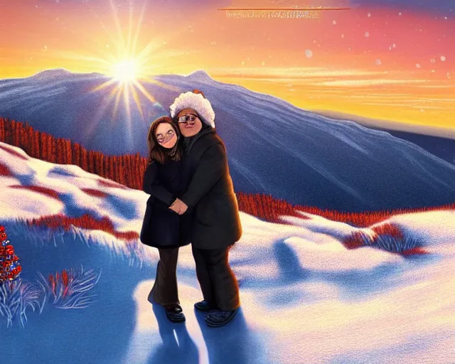 Prompt: danny devito and emma watson at a winter mountaintop, mount lafayette new hampshire, golden hour, snow, digital art, loving embrace, trending on artstation