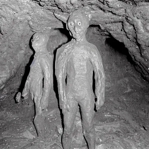 Image similar to found footage of a humanoid made of wet clay and mud forming out of a wall inside of a cave made of wet clay, creepy, flash photography, unsettling, moist, low quality, dark environment, cavern, spelunking