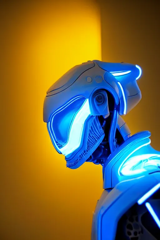 Image similar to hyperrealistic close-up blue glow exoskeleton!! sad chinese man covered highly detailed concept art eric zener elson peter cinematic side soft yellow light high angle hd 8k sharp shallow depth of field