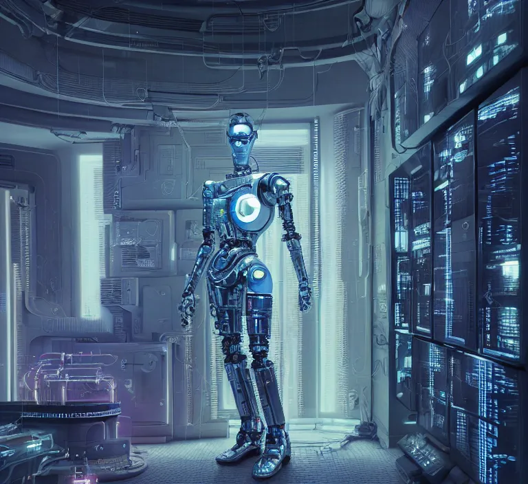 Image similar to hyperrealism stock photography of highly detailed stylish robot in cyberpunk sci - fi style by gragory crewdson and katsuhiro otomo, mike winkelmann with many details by josan gonzalez working at the highly detailed data center by mike winkelmann and laurie greasley hyperrealism stock photo on dsmc 3 system rendered in blender and octane render