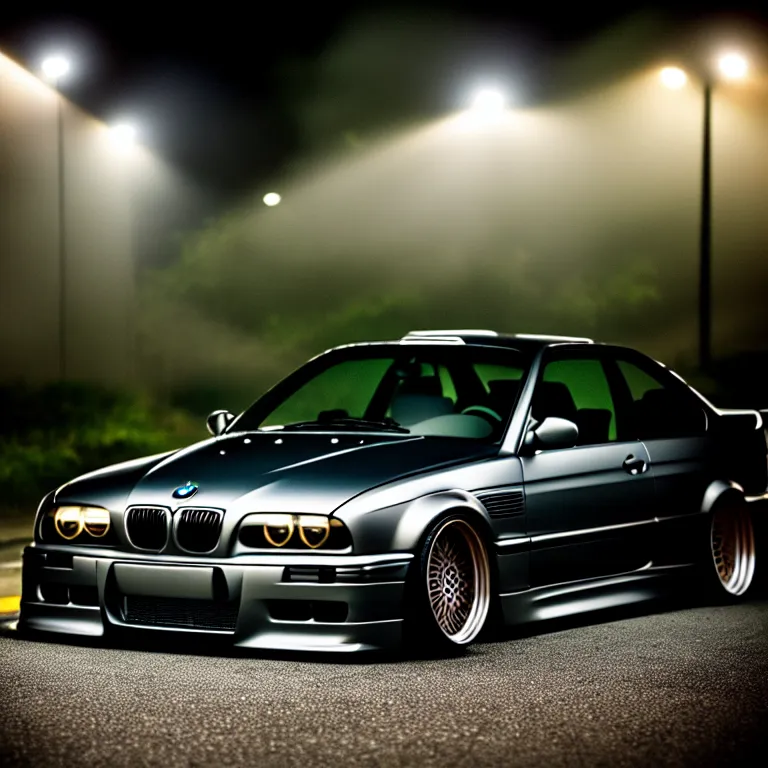 Image similar to close-up-photo BMW E36 turbo illegal meet, work-wheels, Gunma prefecture, misty at night, cinematic color, photorealistic, high detailed deep dish wheels, highly detailed, custom headlights, subtle neon underlighting