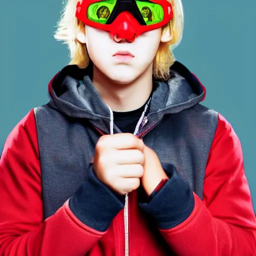 Image similar to a blonde teenager, goggles, red jacket, knife in his mouth, knife in right hand, knife in his left hand, photorealistic, hd, high details, detailed portrait