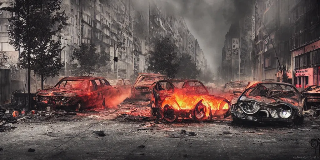 Image similar to post - apocalyptic kreuzberg streets, burned cars, explosions, colorful smoke, hyperrealistic, gritty, damaged, dark, urban photography, photorealistic, high details