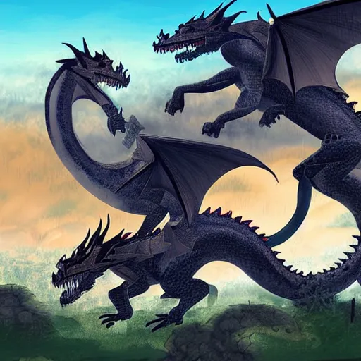 Image similar to dragons fighting over a destroyed village, digital art