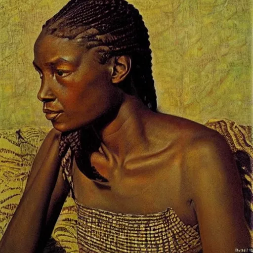 Prompt: A stunning masterful portrait of an African woman with braided hair by Andrew Wyeth and Norman Rockwell