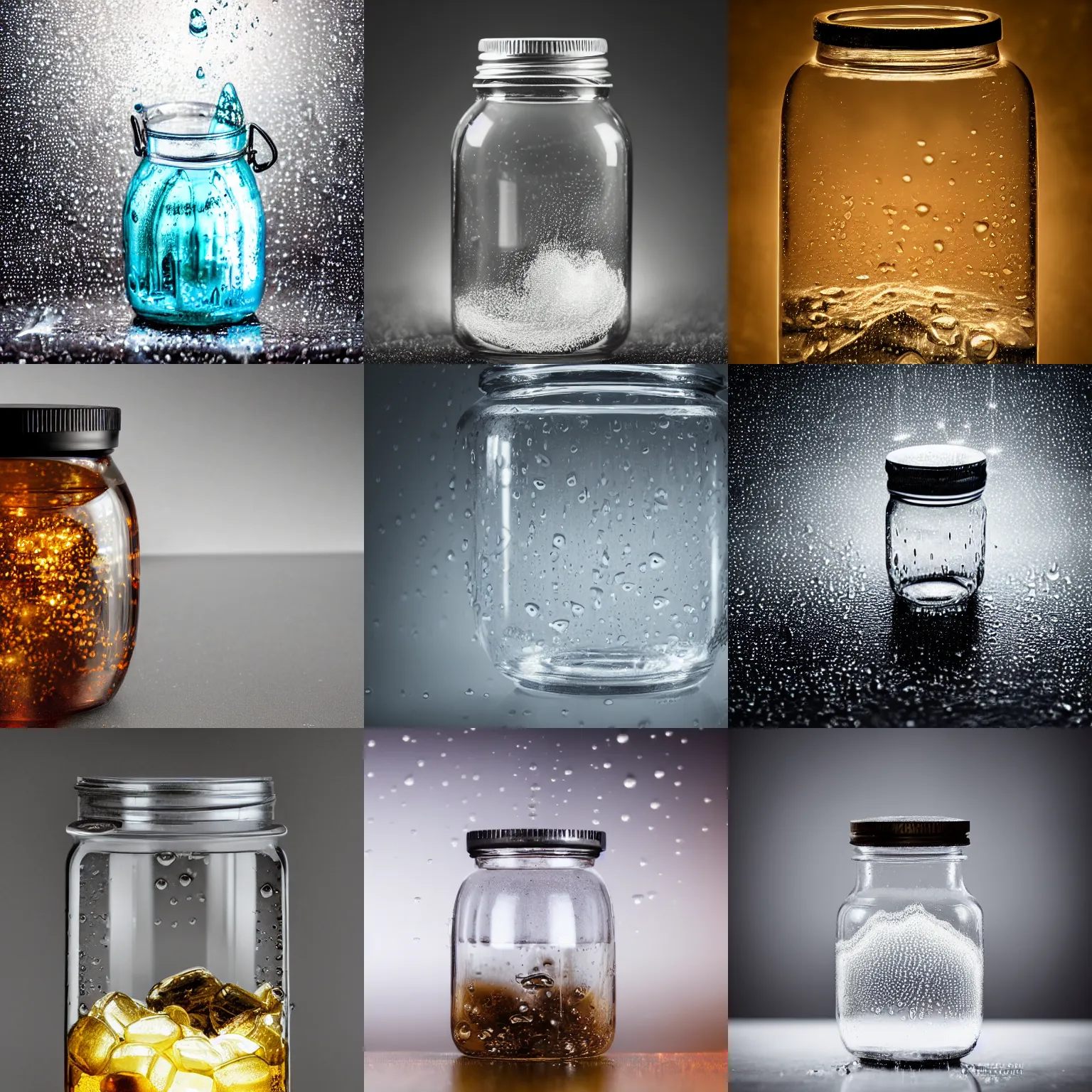 Prompt: A photo of a tiny rain storm inside a jar, studio photo, highly detailed,studio lighting