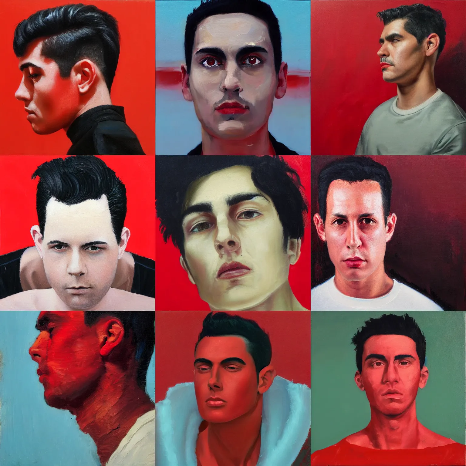 Prompt: a medium shot of a man with short black hair and shaved sides looks over his shoulder, staring directly at the camera, oil painting, red background, album cover