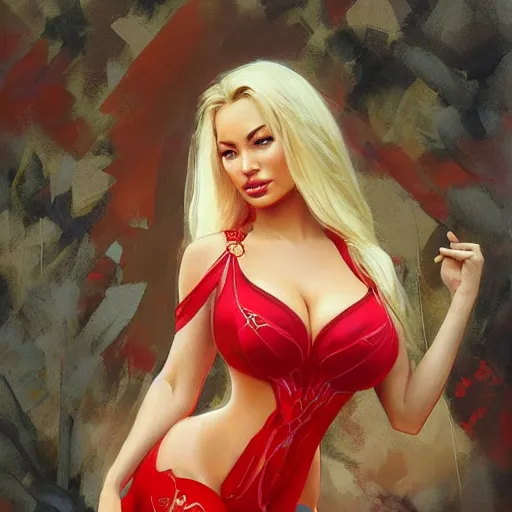 Image similar to lindsey pelas wearing a red kebaya, digital painting, artstation, concept art, sharp focus, illustration, art by artgerm and greg rutkowski and alphonse mucha