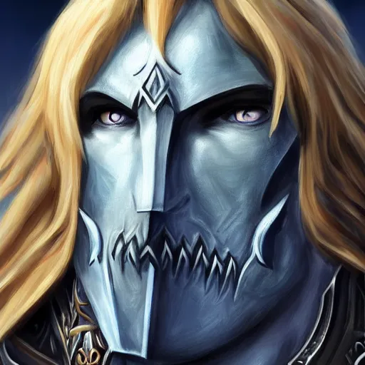 Image similar to portrait of arthas from warcraft, highly detailed, centered, solid color background, digital painting