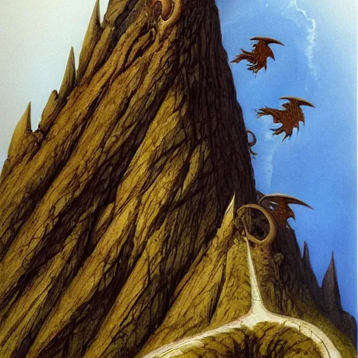 Image similar to dragons circling a tall mountain spire, by john howe