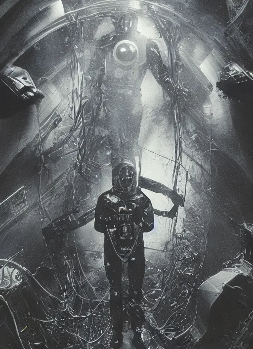 Image similar to astronauts in dark and void underwater - hyperdetailed suit. reflection and dispersion materials. rays and dispersion of light. volumetric light. 5 0 mm, f / 3 2. noise film photo. flash photography. ultra realistic, wide angle. poster by wayne barlowe, hajime sorayama aaron horkey, craig mullins. dark key.