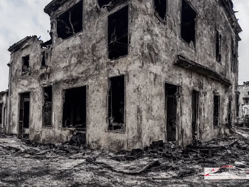 Image similar to old building, half of it is destroyed and burnt!, no fire, no smoke, black burnt ruins, photography, realism, dslr photo, 8 k, journalism