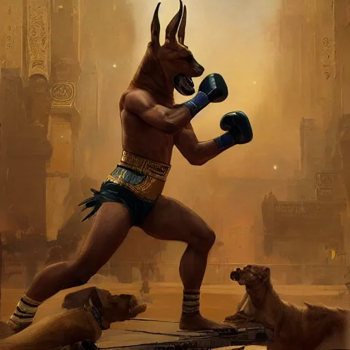 Prompt: anubis as a boxer ready to take on the world champ, 4 k, trending on artstation, by gaston bussiere, craig mullins, artgerm, greg rutkowski, alphonse mucha