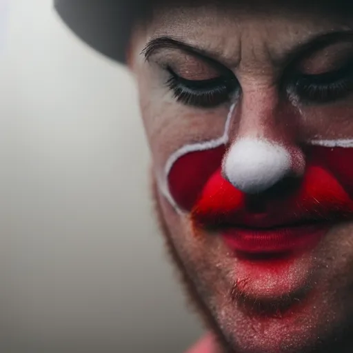 Prompt: an old 5 0 mm close up portrait of a man putting on clown makeup in a dark foggy alley