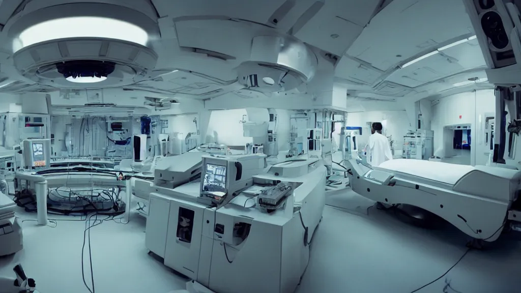 Image similar to a huge mri machine and control panels in the inspection room, film still from the movie directed by denis villeneuve with art direction by salvador dali, wide lens