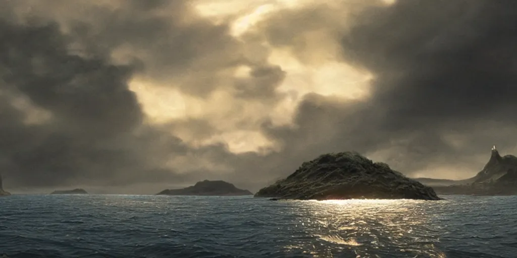 Prompt: screenshot from a movie, fps, epic matte painting of an island, cinematic cinematography masterpiece, roger deakins