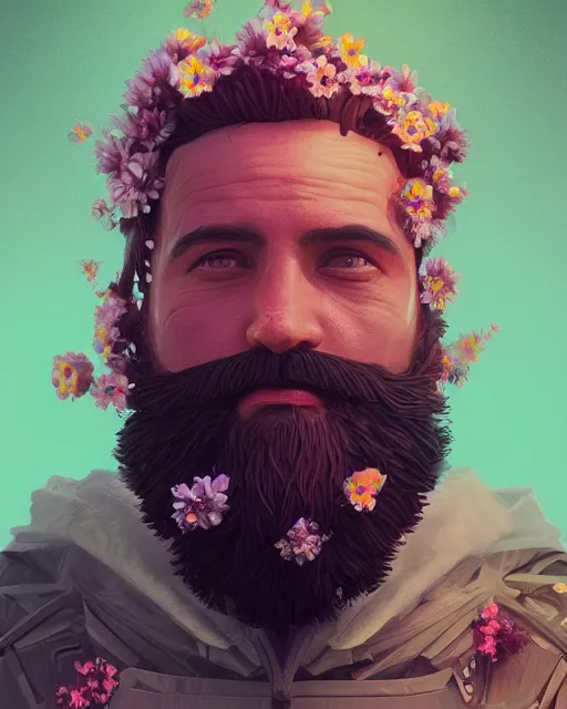 Image similar to a realistic ultradetailed digital painting of a man with flowers in his beard, profile, cyberpunk art by beeple, behance contest winner, retrofuturism, voxel art, # pixelart, dystopian art