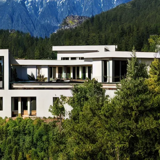 Prompt: modern mansion in forest and beautiful mountains in the background
