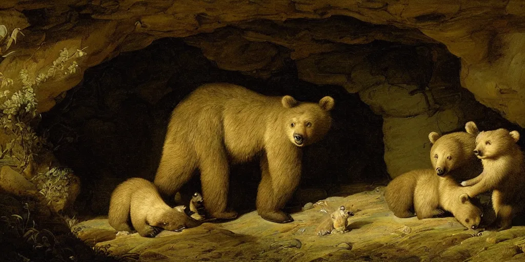 Image similar to viewer looking into dark cave and seeing a mother bear and her cubs sleeping, night time, artwork by Pieter Claesz, impressionism