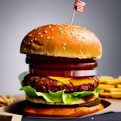 Image similar to colossal tall burger, stacked, award winning food photography, golden hour, holy