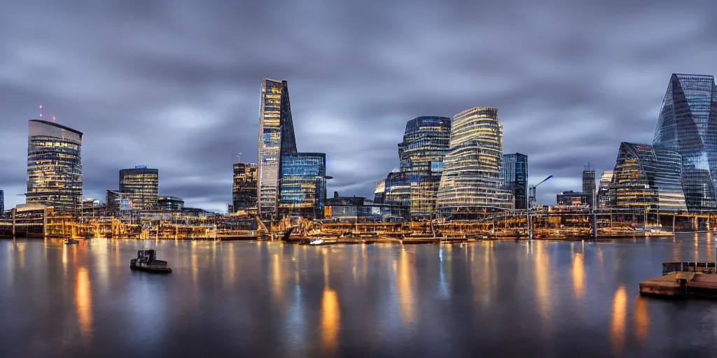 Image similar to high quality night photograph of Docklands in London, dimly lit cirrus clouds, long exposure, architecture photography, ultrawide image