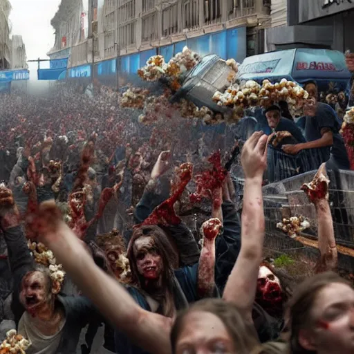 Prompt: world war z wave of zombies but the zombies are popcorn. the popcorn is overwhelming barricades as people try to stop the wave of popcorn