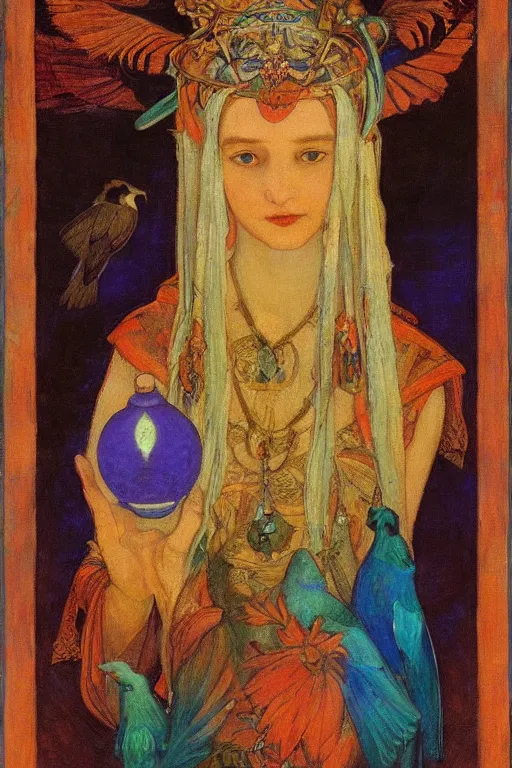 Image similar to queen of the dawn with her lantern and birds, by Annie Swynnerton and Nicholas Roerich, elaborate headdress and iridescent beetles, rich color, dramatic cinematic lighting, extremely detailed