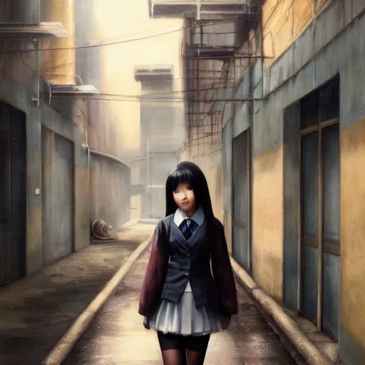 Image similar to a perfect, realistic professional oil painting of a Japanese schoolgirl posing in a dystopian alleyway, style of Marvel, full length, by a professional American senior artist on ArtStation, a high-quality hollywood-style concept