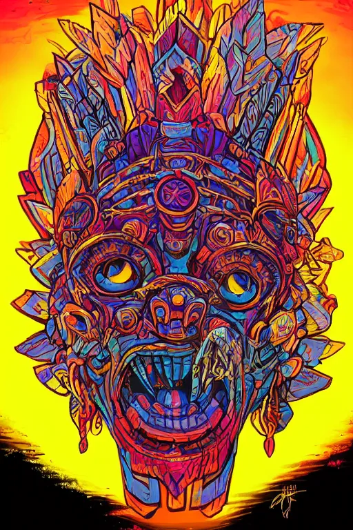 Image similar to totem animal tribal chaman vodoo mask feather gemstone plant video game illustration vivid color borderlands by josan gonzales and dan mumford radiating a glowing aura