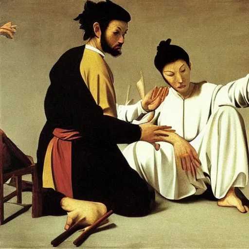 Prompt: caravaggio painting of qigong and tea